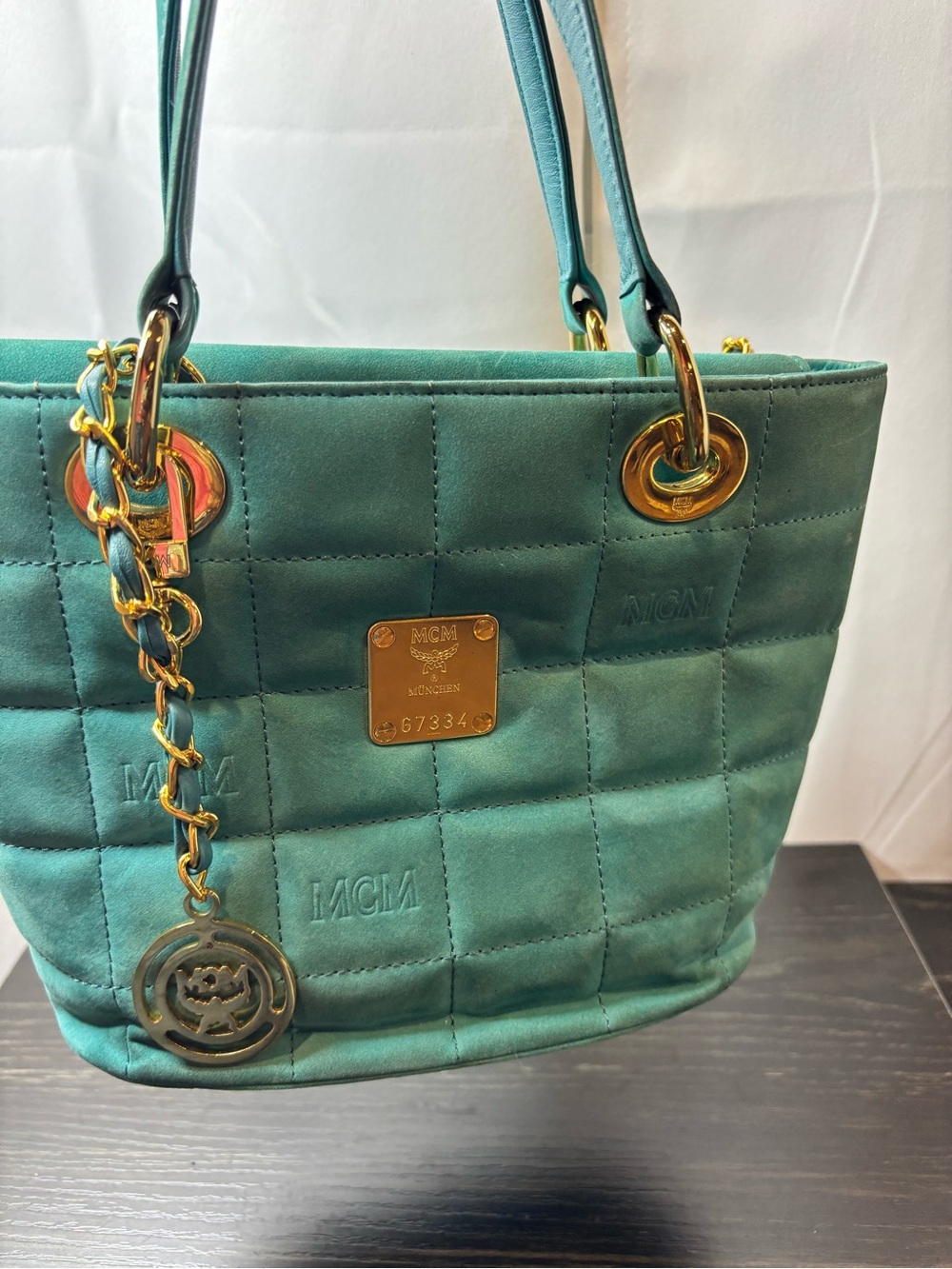 MCM Teal Quilted Suede Bag with Gold Hardware